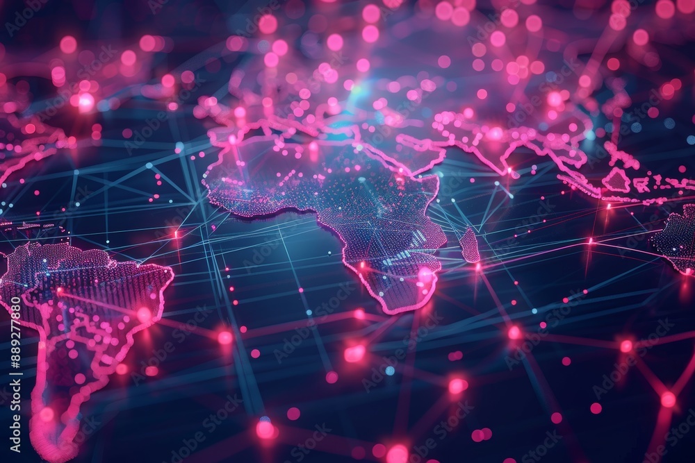 Poster Glowing pink digital world map with circuit board and data nodes