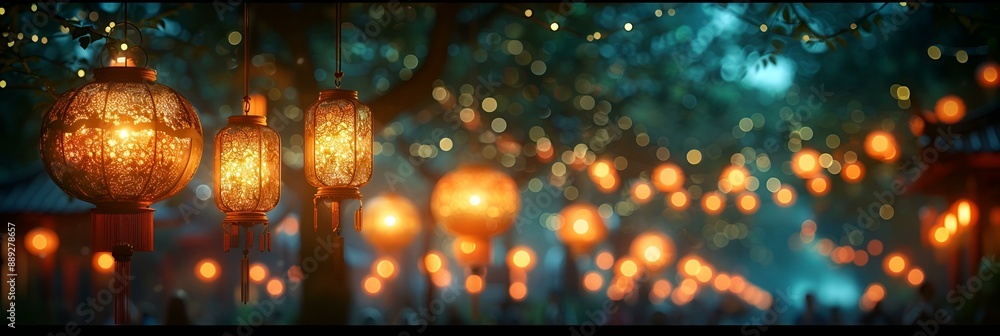 Poster tree branches adorned with lanterns, casting a warm glow.
