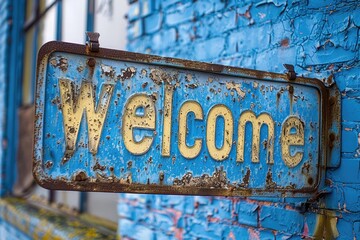 Weathered welcome sign on blue brick wall