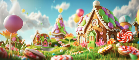 Colorful Gingerbread Houses in a Candy Land Landscape