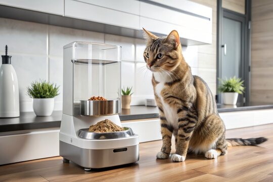 A sleek automated cat feeder dispenses kibble into a bowl, surrounded by a clean and modern kitchen, with a curious cat waiting to dine.