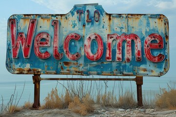 Weathered Welcome Sign in Blue and Red Neon