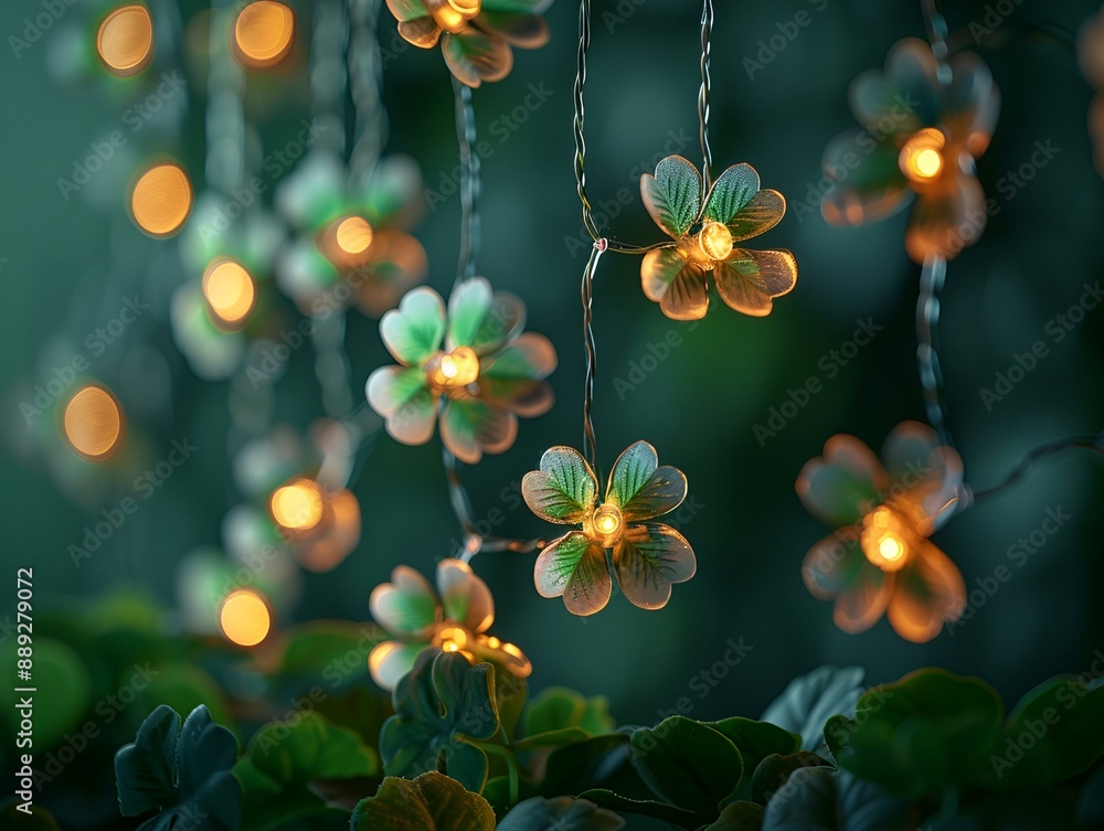 Poster a string of lights with flowers hanging from a tree in a garden.