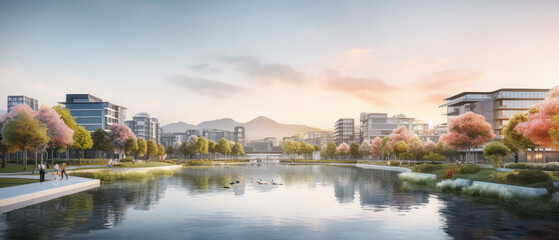 Obraz premium Tranquil City Park by the Water at Sunset