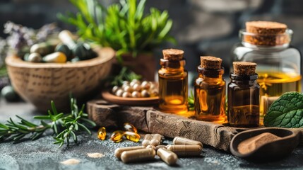 Amber glass dropper bottles surrounded by plants and flowers, representing natural homeopathic remedies and herbal treatments for wellness and healing. AI generated illustration.