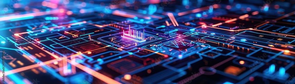 Poster an illustration of a computer chip with glowing red and blue lights. the chip is surrounded by a com