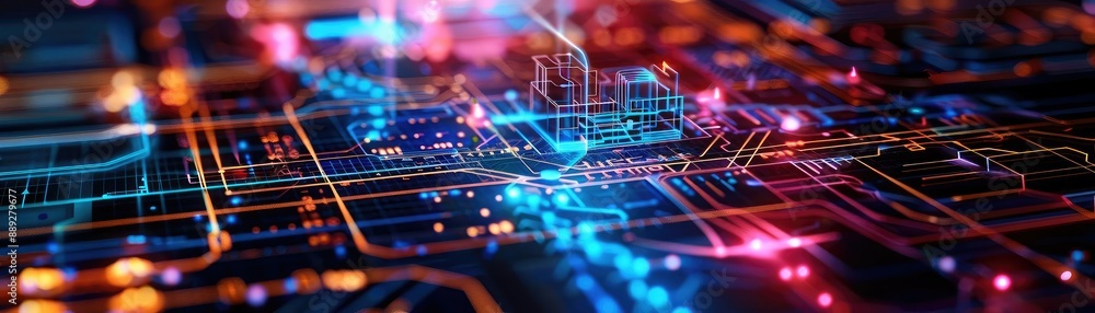 Poster a glowing beautiful rendering of a circuit board with a futuristic city rising from it
