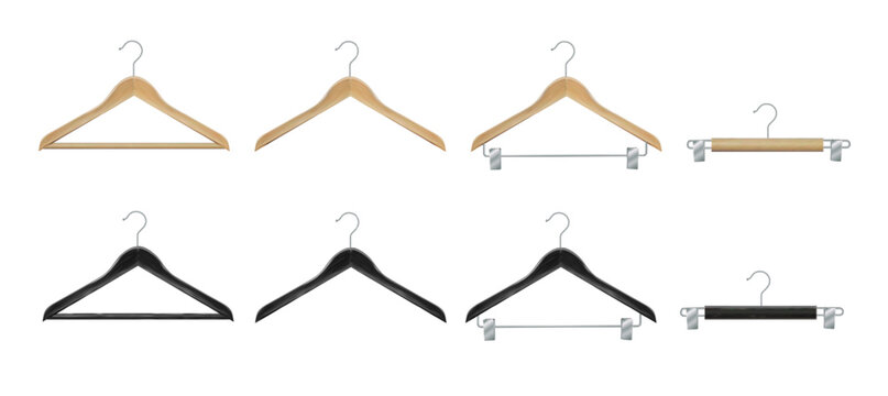 Clothes hanger isolated on white background. Wooden hanger Realistic vector clothes hanger wooden hanger closeup isolated on background. Design template, clipart or layout for graphics. Vector