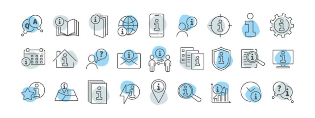 Information center line icon set. Guide, manual, help, hint, answer, tutorial, booklet, leaflet, search, settings, web, book, flyer, reception vector illustration. Editable Stroke.