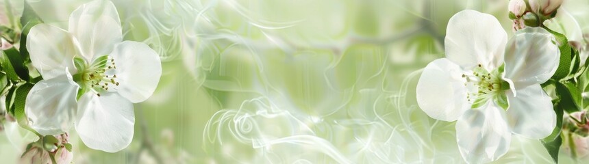 Fototapeta premium A summer wallpaper of cherry flowers with isolated flowers on a green background, spring-like white flowers on a green background, and cherry flowers on a summer wallpaper with isolated flowers.