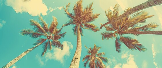 A blue sky and palm trees panorama from below, as seen from the ground, tropical travel banner with a vintage style.