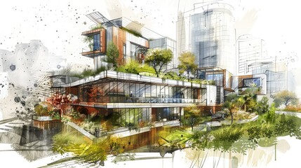 Sketch of buildings in green on a white background