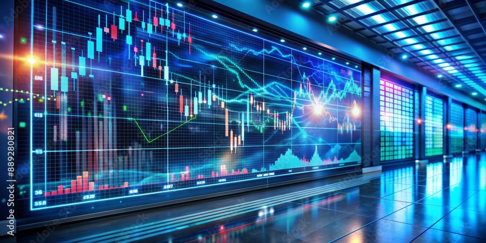 Poster futuristic screen displays stock market charts and graphs of abstract index on a sleek trading floor