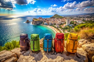 Fototapeta premium Vibrant colored backpacks scattered on cliff edge overlooking vast cityscape and turquoise sea, capturing essence of adventure and youthfulness on a sunny day.