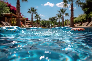 Palm tree lined resort pool with colorful inflatable floats