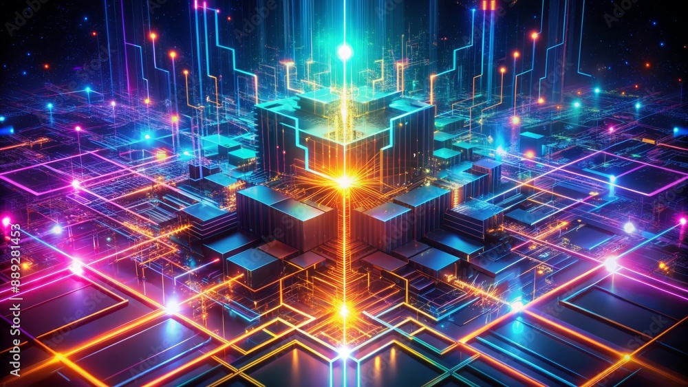 Poster sleek neon circuits pulse with vibrant algorithmic energy, merging organic fractals with crystalline