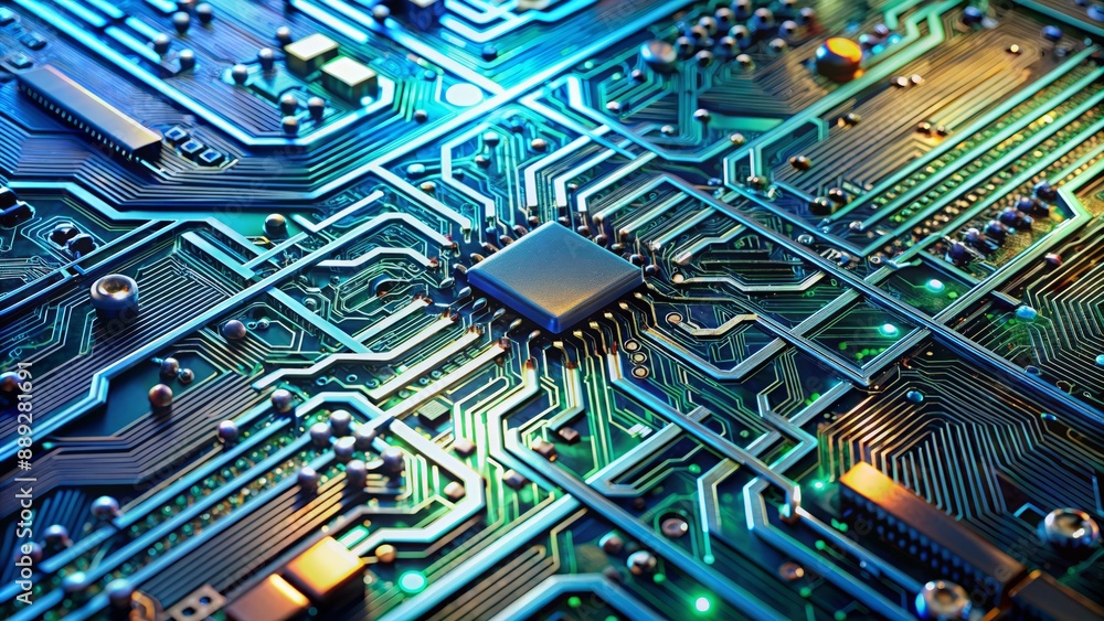 Poster microscopic view of intricate circuits and conductive paths etched onto shiny silver surface of adva