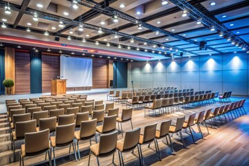 Fototapeta premium Empty conference hall with rows of chairs and a podium on stage, awaiting attendees for a corporate event or business presentation.