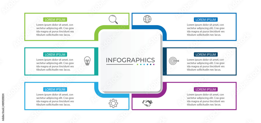 Aufkleber vector infographic label design template with icons and 6 options or steps.