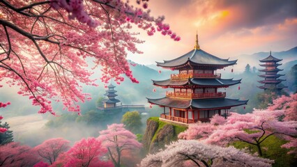 Serenely majestic Asian temple nestled among vibrant pink blooming sakura trees, shrouded in misty haze, evokes perfect harmony between nature's splendor and spiritual essence.