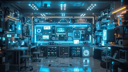 Fototapeta premium Immersive Smart Home Concept Illustrating the Internet of Things with Connected Devices and Appliances, Captured from a Low Angle with a Wide-Angle Lens