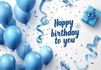 Happy Birthday card design with text " Happy birthday to you ", blue balloons, gift box and ribbon isolated on white background vector illustration 
