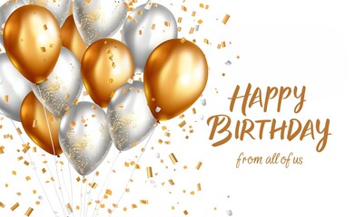 Happy birthday card with golden and silver balloons, confetti and text "HAPPY BIRTHDAY from all of us" on white background 