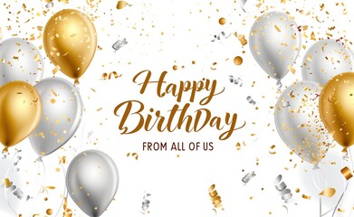 Happy birthday card with golden and silver balloons, confetti decoration on white background