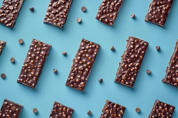 A group of chocolate bars resting on a blue surface