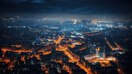 Naklejka premium Breathtaking Night Aerial View of Illuminated City