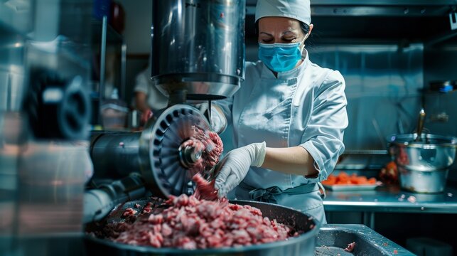 Photo of a woman working in a slaughterhouse Wear protective clothing and gloves. Put the minced meat in a meat grinder.