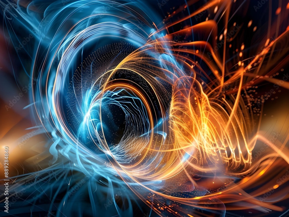 Poster mesmerizing electromagnetic particle vortex surround by swirling patterns