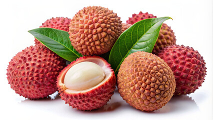 A group of lychees, some whole and one cut open, with green leaves, sit on a white surface