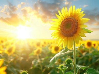 A field of towering sunflowers with golden petals and vibrant green leaves, creating a majestic and captivating summer scene