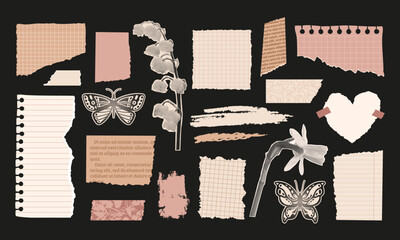 Vintage paper collage set. Halftone flowers and butterflies silhouette. Adhesive tapes with textured pattern. Copy book raged sheet. Old romantic crafts. Vector illustration. Torn message sticker.