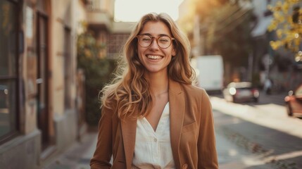 Fototapeta premium Photo of a smiling, happy professional business woman. Positively confident female entrepreneur standing outdoors on the street in a bag, looking at the camera