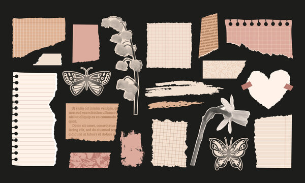 Vintage paper collage set. Halftone flowers and butterflies silhouette. Adhesive tapes with textured pattern. Copy book raged sheet. Old romantic crafts. Vector illustration. Torn message sticker.