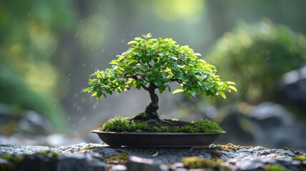 Serene hornbeam bonsai tree with fresh leaves in a woodland setting