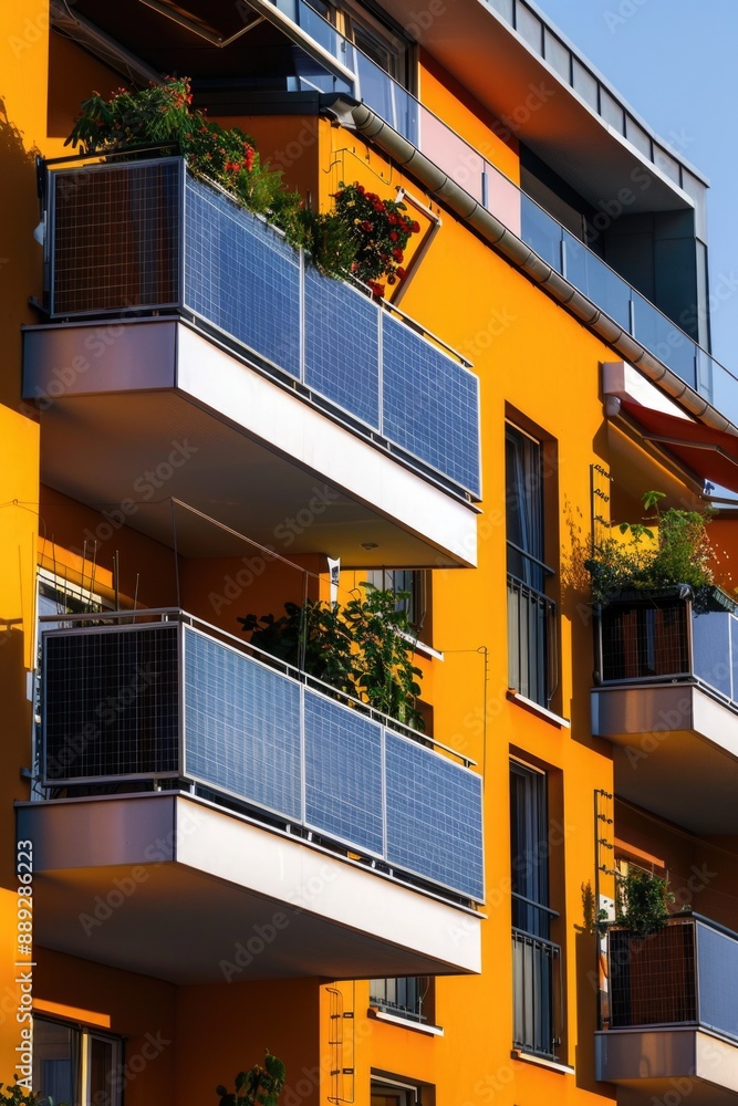 Poster a picture of a building with lush greenery on the balconies, perfect for architectural or gardening 