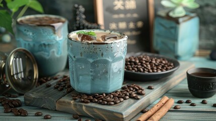 Cozy coffee scene with ceramic mugs, coffee beans, and cinnamon sticks on a rustic wooden surface with green decor in the background.