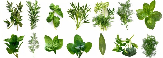 Produce a professional-grade image set featuring a variety of fresh summer herbs, each meticulously isolated with a transparent background and arranged flat.
