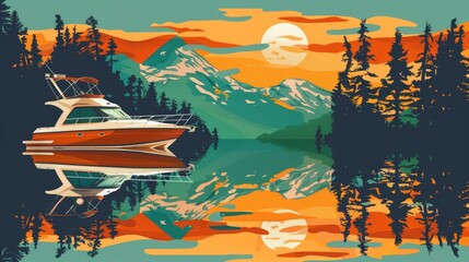 An illustration of a boat traveling on a river surrounded by green trees, natural lighting, and a natural backdrop