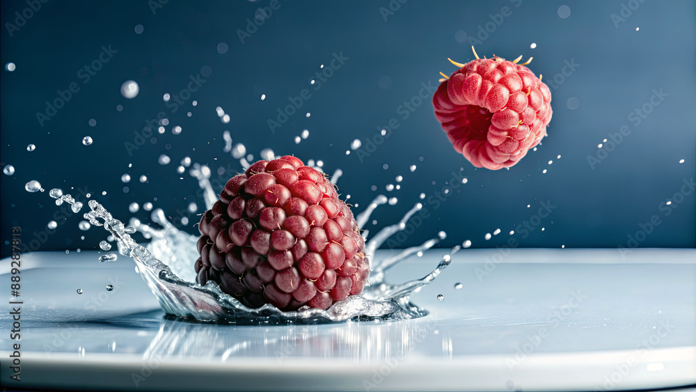 Poster a single, ripe raspberry splashes into a pool of water on a white plate, with another raspberry just