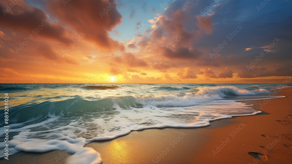 Poster Breathtaking Sunset Waves on Serene Beach