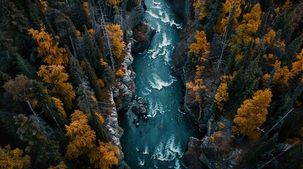 Breathtaking panoramic aerial view of hills of colorful red, orange and yellow trees in mixed coniferous forest and mountain river in morning fog. Scenic autumn landscape.