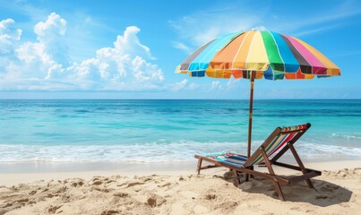Fototapeta premium Colorful Striped Beach Umbrella and Lounge Chair on Sandy Beach. High-Resolution 4K Wallpaper Showcasing a Healthy Lifestyle, Summer Seaside Vacation Paradise, and Road Trip Adventure
