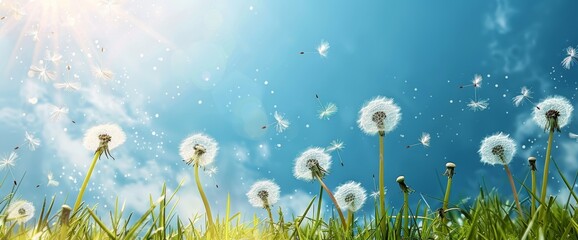 Blowing dandelion seeds across a spring or summer garden lawn in bright sunlight