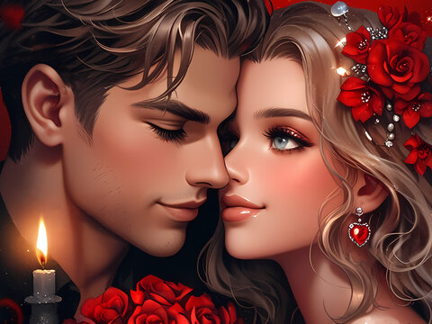 Anime style portrait of a boy and girl with red rose, illustration of a loving couple kissing