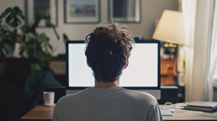 Over shoulder shot of a man using computer laptop in front of an blank white computer screen