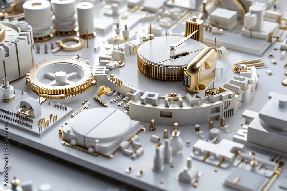Aufkleber miniature city constructed from gears and machinery, combining gold and white elements to depict adv